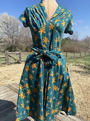 Miss Lulo 50s Swing Style Dress Pockets Belted Waist Flowers Bees Teal Sz Medium • £33.75
