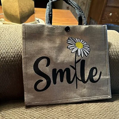 Large Capacity Burlap Tote Bag With “SMILE” In Black Letters • $16