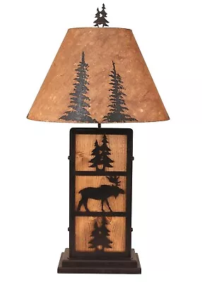 Rustic Wildlife Moose Trees Wood & Iron Country Lodge Table Lamp W/Shade • $239.95