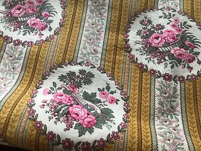 Lovely Antique Vintage French Floral Stripe  Fabric Linen - Cotton Roses  • $45