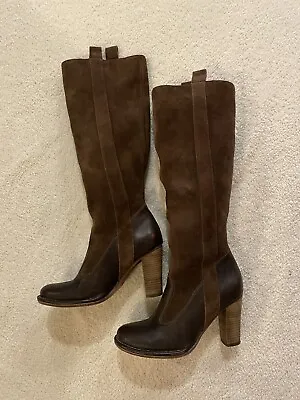 Frye Boots Villager Pull On Suede Leather Brown Knee High Heel Womens Sz 7 Y2K • $82