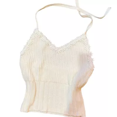 Vintage White Halter Knit Top Flower Trim (XS-S) Festival Ballet 2000's 90s • $25