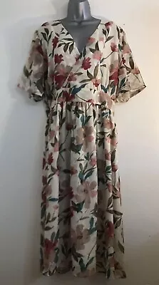 NEW Ex PLUS SIZE 22 Nude Multi Floral Print Wrap Fit Flare Midi Shift Dress  • $25.25