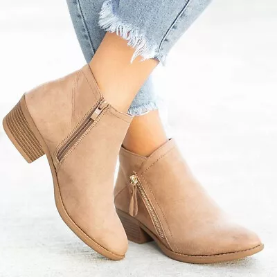 Women Gift Zip Up Low Heeled Lightweight Ankle Boots Comfortable Knee High Beige • $39.15