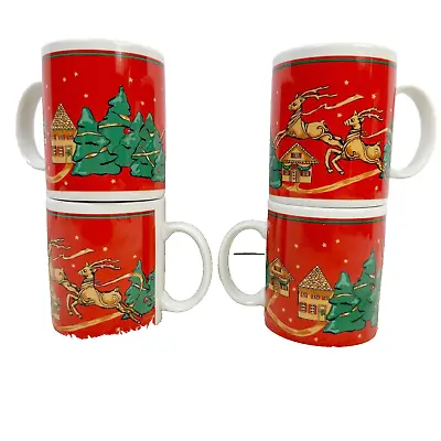 Vintage Christmas Mugs Set Of 4 Misano Modern Reindeer  Christmas Fantasy  90s  • $15.98