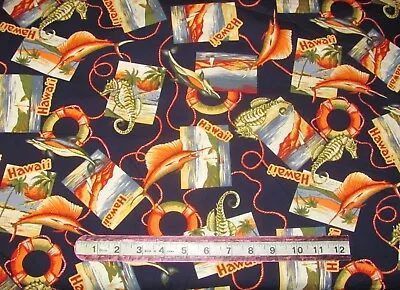 21  X 42  Hawaii Volcano Ocean Beach Seahorses Fish Sailboats On Cotton Fabric • $3.41