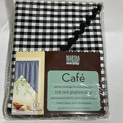 Martha Stewart Cafe Swags Black Gingham Checked Rick Rack Trim 60x36 Inches • $19.99