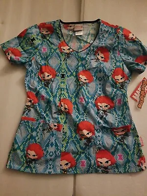 NWT Cherokee Marvel Comics Chibi Black Widow Scrub Top Uniform W/pockets Size S • $17.33