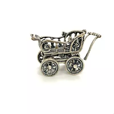 Vintage Sign 925 Sterling Baby Carriage Stroller Movable Wheels Figure Miniature • $75.87