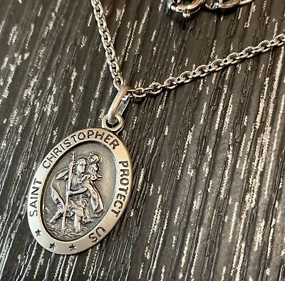 MENS Heavy 925 Oxidised Sterling Silver Large Oval SAINT CHRISTOPHER & Engraving • £39.50