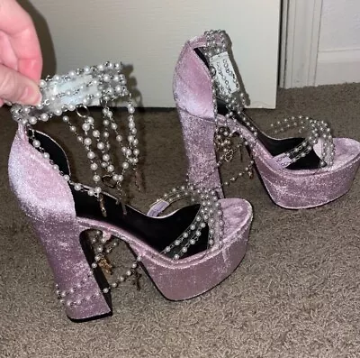 Dolls Kill Sugar Thrillz Holy Revelation Platform Heels Pink Velvet Pearls Sz 8 • $59.99