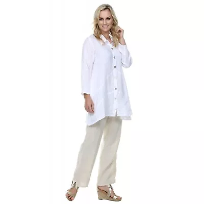 Match Point Linen Tunic Button Down Top White Size M 100% Linen Lagenlook • $35