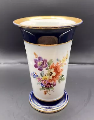 Vintage Meissen Cobalt Blue Trumpet Vase With Multicolored Flowers Gold Accents • $99