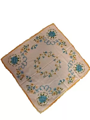 Vintage Women S Hankerchief Hanky Crochet Yellow Trim Daisies Blue Floral • $15.95