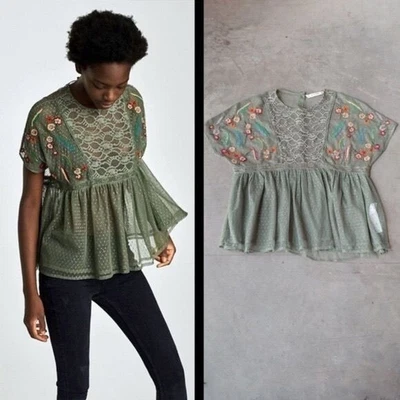 $14.57 • Buy Zara Basics Green Sheer Embroidered Top Xsmall XS