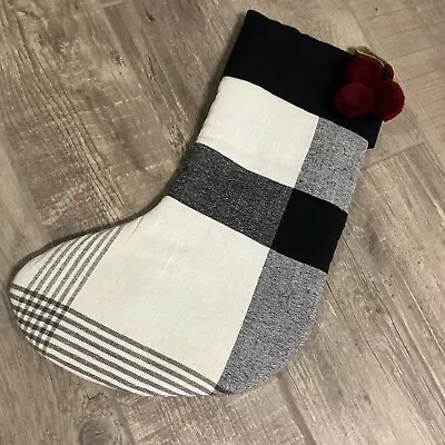 Hearth & Hand Magnolia Buffalo Plaid Holiday Stocking  Black White Plaid Red Pom • $14