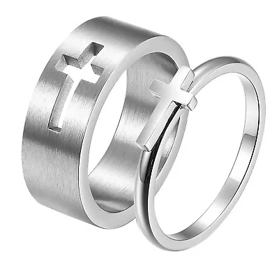 2pcs Matching Cross Stainless Steel Men Women Couple Rings Wedding Band #5-12 • $13.20