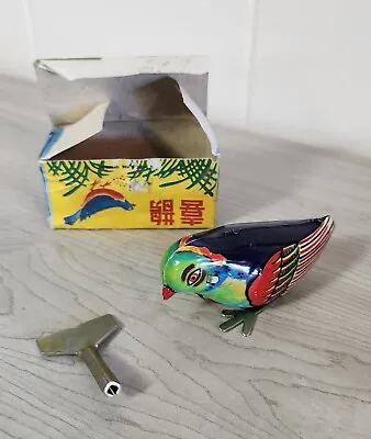 Vintage Wind Up Pecking Blue Bird Magpie Tin Toy With Key • $15