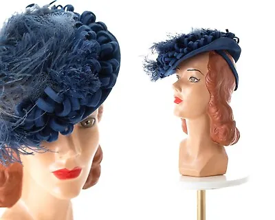 Vintage 1940s 40s Blue Wool Felt Feathered Ostrich Feathers Netting Tilt Hat • $172