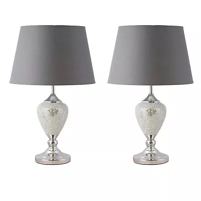 Pair Of Large Glam 59cm Chrome Mirrored Crackle Glass & Grey Shade Table Lamps • £100.99