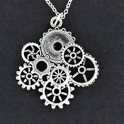 STEAMPUNK GEARS Pendant - Pewter Charm Large On Adjustable Chain Science Fiction • $15