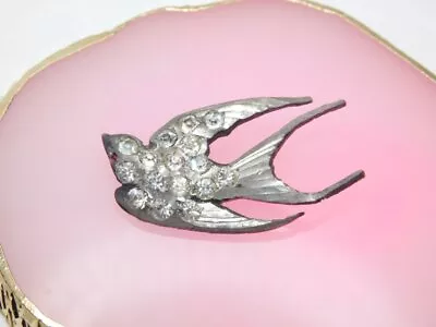 J857-vintage Pin/brooch~swallow/bird~grey/stones~metal~1.75  • $7