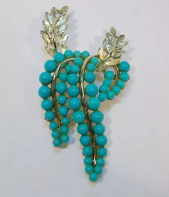 Vintage Signed LISNER Faux Turquoise Round Cabochon Stylized Leaf Grape Pin • $9.50