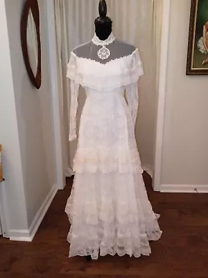 VTG 1970 Gunne Sax Inspired Prairie Wedding Dress LACE RUFFLES GALORE XS S EXC! • $149.99