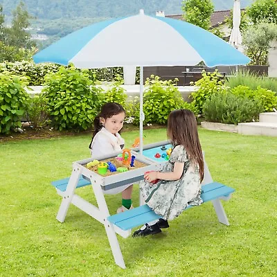 3 In 1 Kids Picnic Table Bench Set Outdoor Activity Table W/Removable Umbrella • £75.95