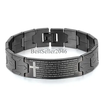 Black English Lords Prayer Our Father Cross Stainless Steel Mens Bracelet 8.3  • $9.99