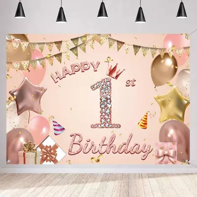 Happy 1St Birthday Backdrop Banner Party Decoration For Girls Happy 1 Year Old F • £13.57