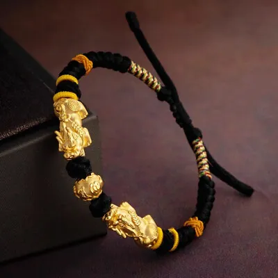 Pure 24K Yellow Gold Bracelet 3D Luck Pixiu Six-word Motto Bead Black Bracelet • $456