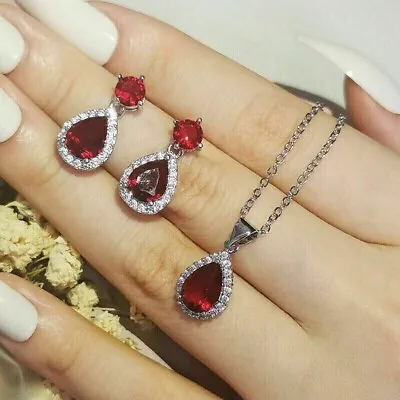 Stunning Simulated Red Garnet Pear Cut Women's Jewelry Set 14K White Gold Plated • $284.49
