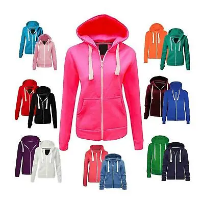 Ladies Plain Zip Up Hoodie Sweatshirt Womens Fleece Jacket Hooded Top UK 8 To 22 • £12.49