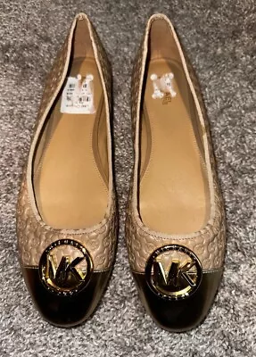 Michael Kors MK Logo Embossed Ballet Flat Shoes Beige Gold NWOB Size 9 • $39