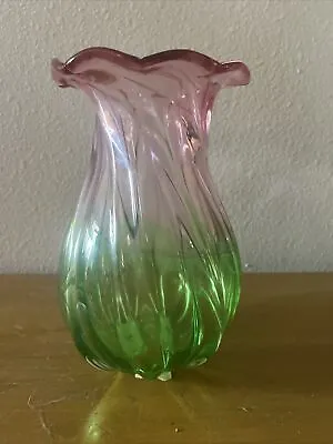 Murano Teleflora Watermelon Cranberry Pink Green Swirl Blown Art Glass Vase 8” • $0.99