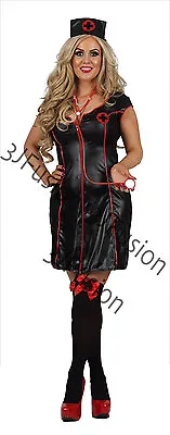 Womens Adult Black Nurse Costume Uniform Outfit FREE STOCKINGS & FREE POST (CM) • £18