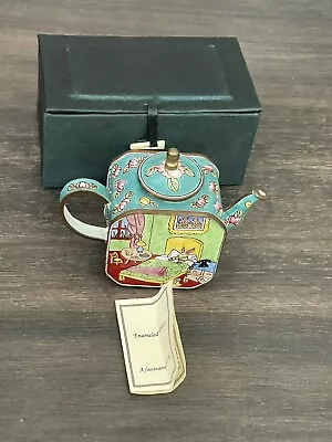 Small Enameled Copper Mini  Tea Pot With Rabbit In A Bedroom Scene With Box #4 • $25.99