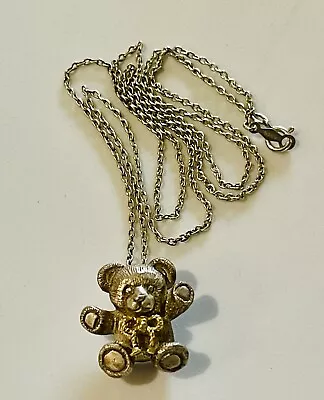 925 Sterling Silver Teddy Bear W/ 18k 750 Gold Bow Necklace Pendant 1997 - 10.4g • $75