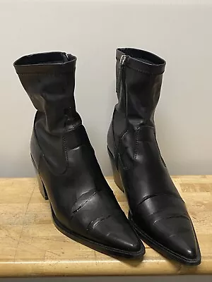 Zara Womens Boots EU 39 US 8 Block Heel Ankle Leather Zip Up Black Pointed Toe • $23