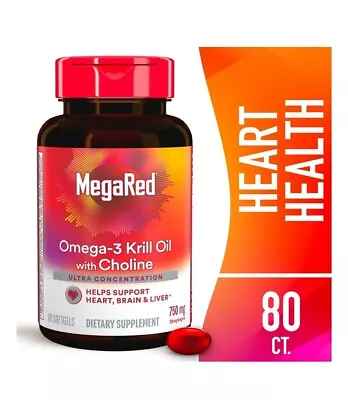 MegaRed Omega-3 Krill Oil W Choline 750mg 80 Softgels Exp 2/2025 • $20.99