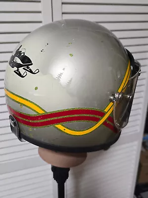 VTG  1979 SNOWMOBILE HELMET METALFLAKE Green Silver Black Yellow FULLFACE MEDIUM • $64.95