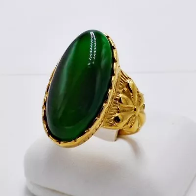 RING Men Women GREEN CAT EYE Simulated STAINLESS STEEL GOLD VTG Look SIZE 10.5 • $19.99