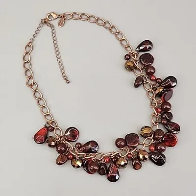 Cookie Lee Necklace Beaded Fringe Red Copper Tone Curb Chain Jewelry 17-21  • $25