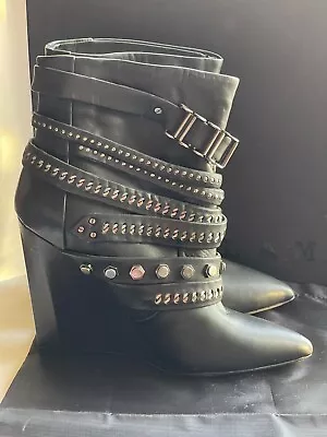 L.A.M.B. By Gwen Stefani Black Leather THACKER Buckle Strap Detail Wedge Boot8.5 • $395