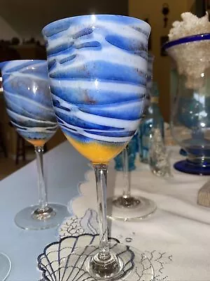 Vintage Steven Maslach Art Glass Wine Goblets Eart / Volcano Signed  4 Quantity • $500