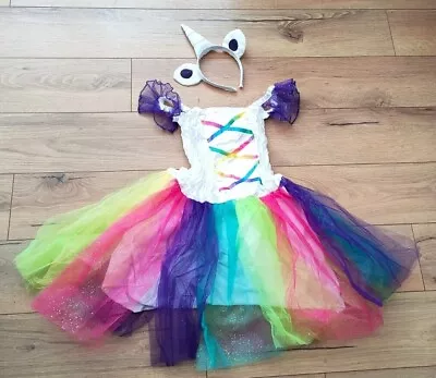 Girls Rainbow Unicorn Pony Costume Fairy Tale Fancy Dress & Headband 3-4-6-9 NEW • £13.99