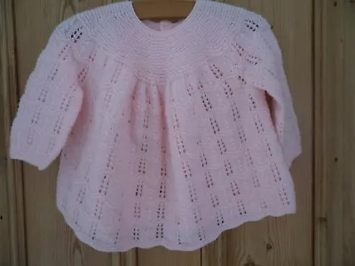 Vintage 1980s Hand Knitted 4 Ply Lacy Baby Dress Angel Top Pink Long Sleeve • £12.99