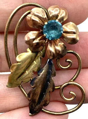 Vintage Van Dell 1/20 12K Gold Filled Flower Brooch Aqua Blue Stone • $19.99