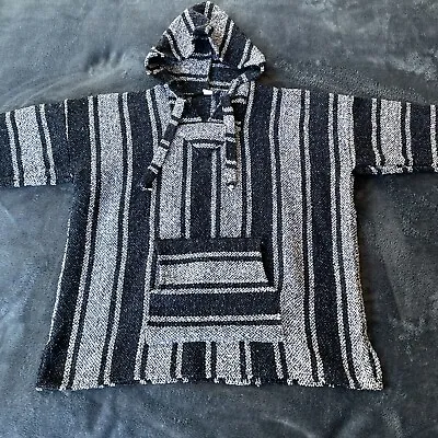 Mexican Poncho Baja Woven Blanket Jacket Hippie Pullover Blue XL • $25.99